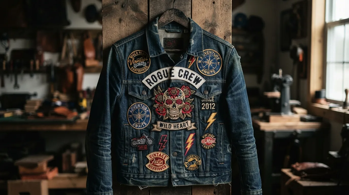 Custom embroidered patches on a denim jacket with different backing options